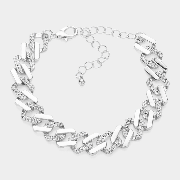 Silver Chunky Rhinestone Chain Link Bracelet Metal Thick Bold Crystal Jewelry - Picture 1 of 3